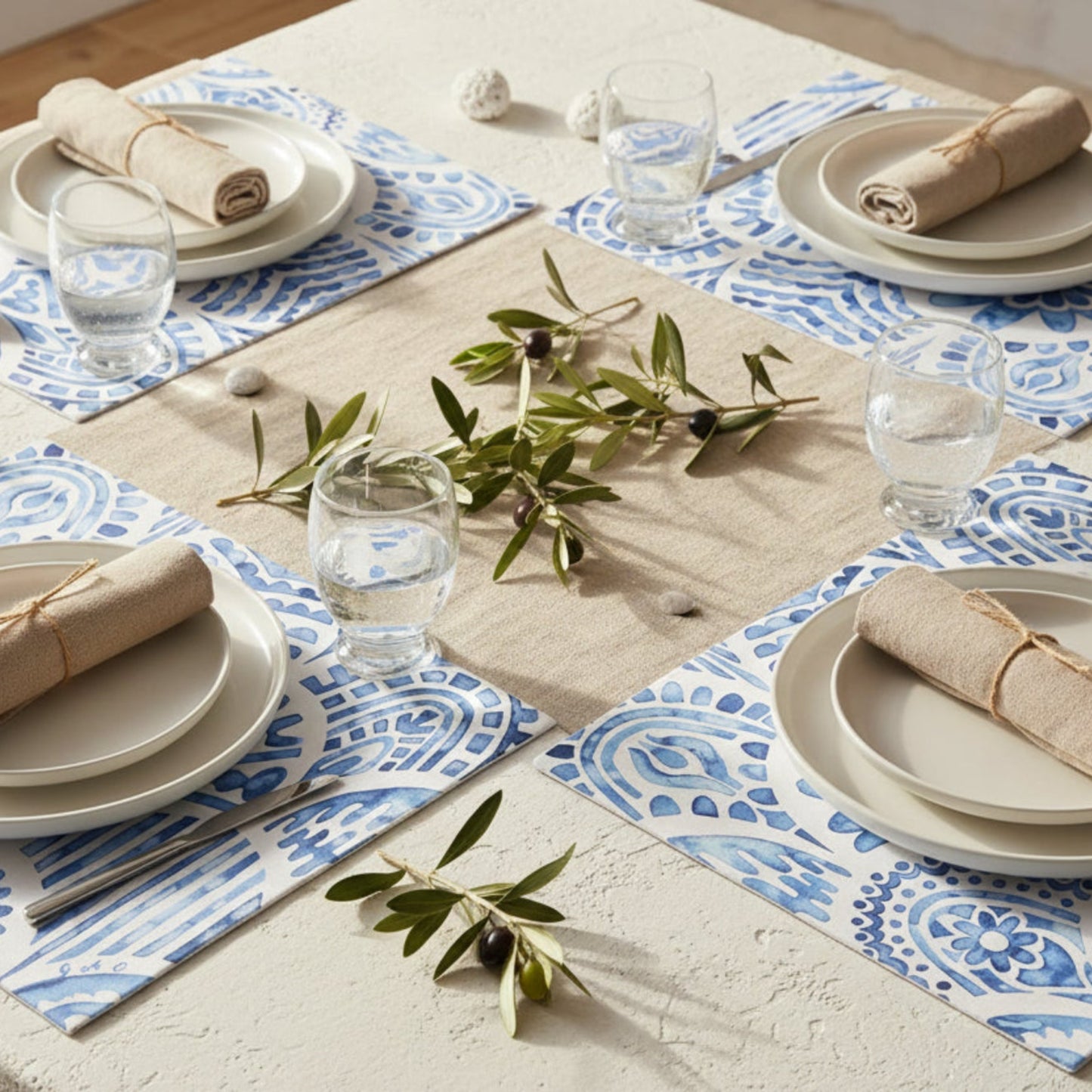 A square art print or card featuring a blue watercolor pattern of stylized arches, scallops, and floral motifs on a white background, shown against a light gray backdrop.
